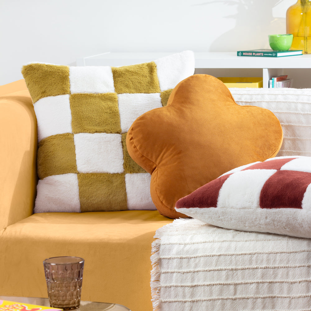 Cozee Check Faux Fur Cushion Olive