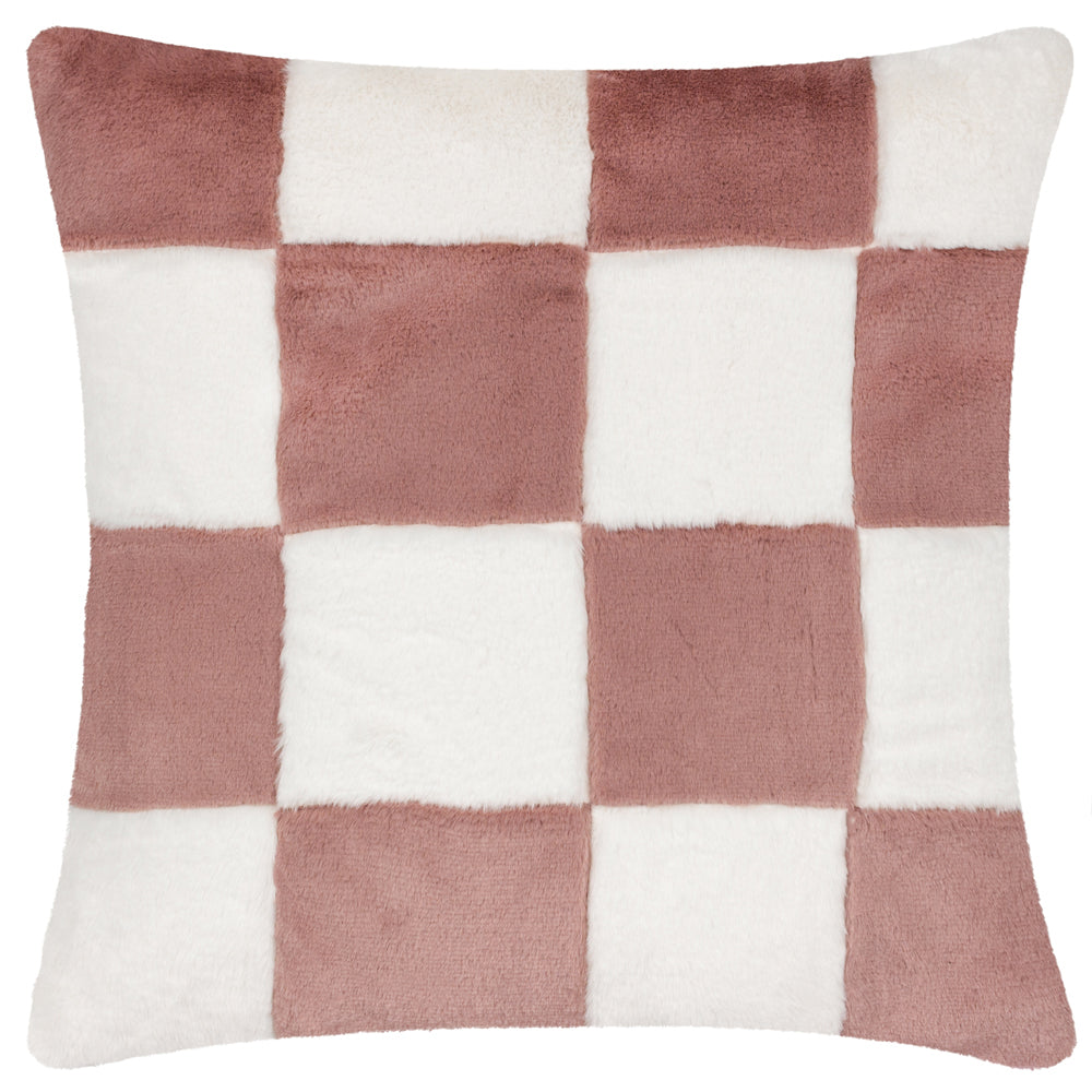 Cozee Check Faux Fur Cushion Pink