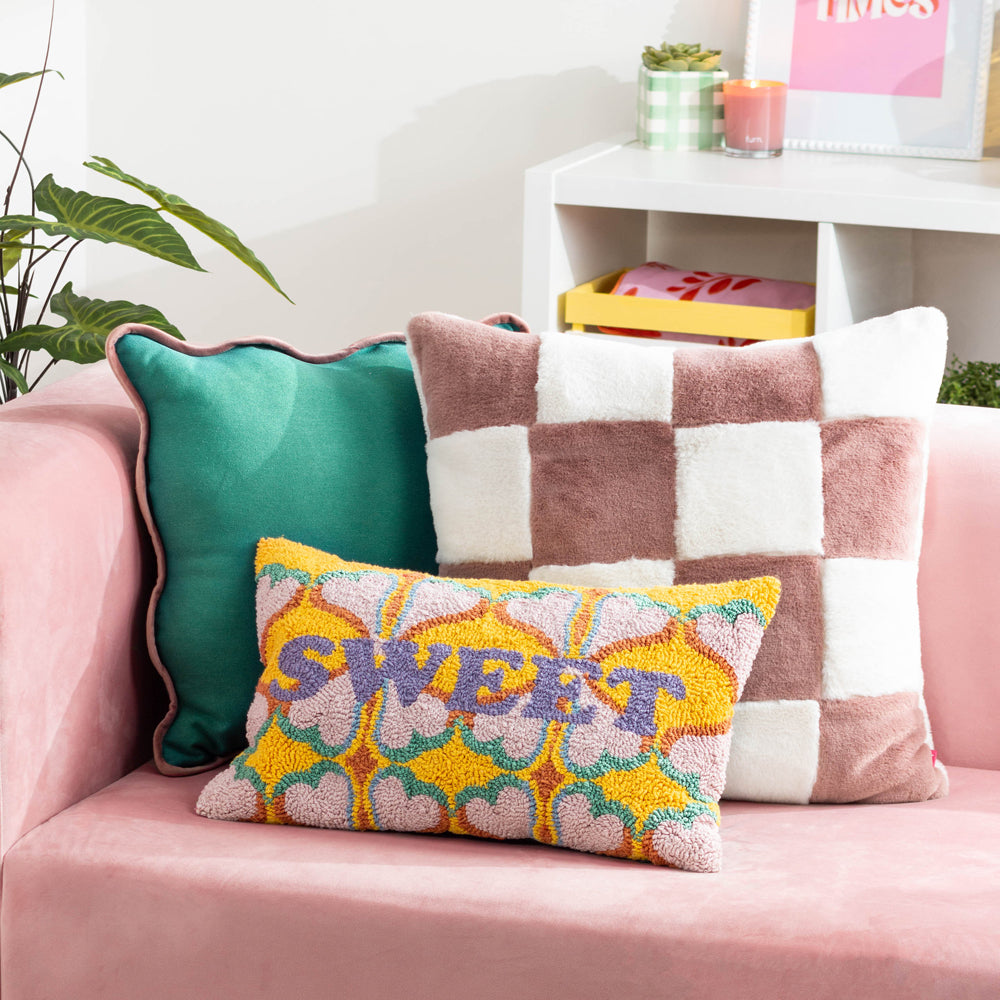 Cozee Check Faux Fur Cushion Pink