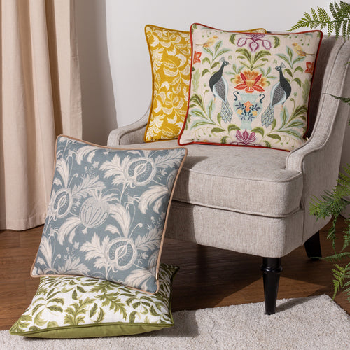Floral Beige Cushions - Chatsworth Peacock Piped Cushion Cover Natural Evans Lichfield