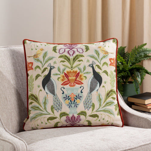Floral Beige Cushions - Chatsworth Peacock Piped Cushion Cover Natural Evans Lichfield