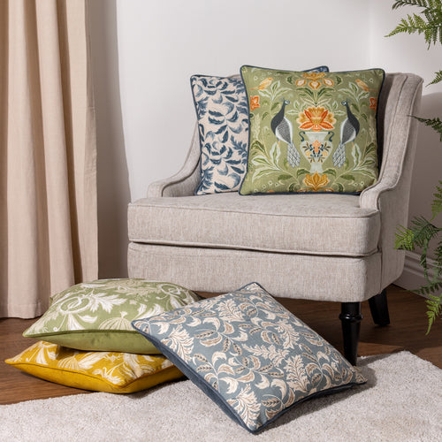 Floral Green Cushions - Chatsworth Peacock Piped Cushion Cover Sage Evans Lichfield
