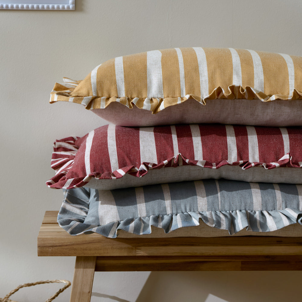 Carmon Stripe Ruffle Cushion Linen/Ochre