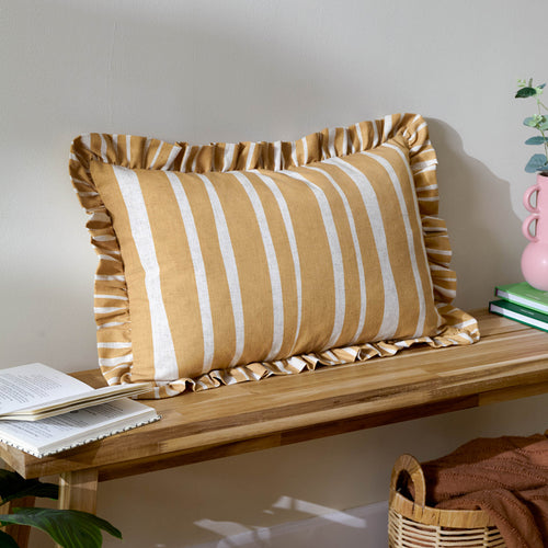 Striped Cream Cushions - Carmon Stripe Ruffle Cushion Cover Linen/Ochre furn.