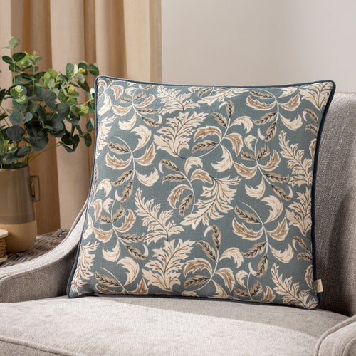 Floral Blue Cushions - Chatsworth Topiary Piped Cushion Cover Petrol/Mink Evans Lichfield