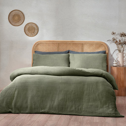 Plain Green Bedding - Chunky Waffle  Duvet Cover Set Eucalyptus Yard