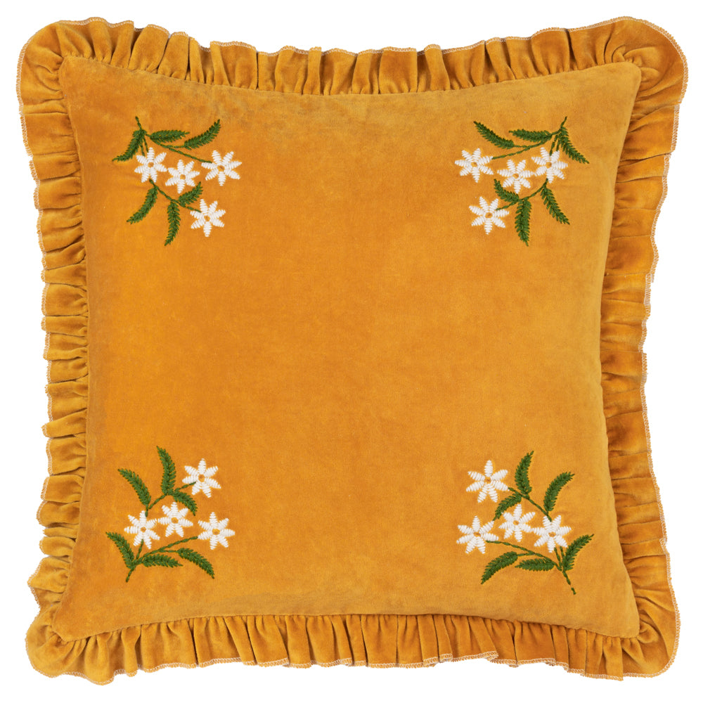 Daisy Frill Embroidered Velvet Cushion Gold