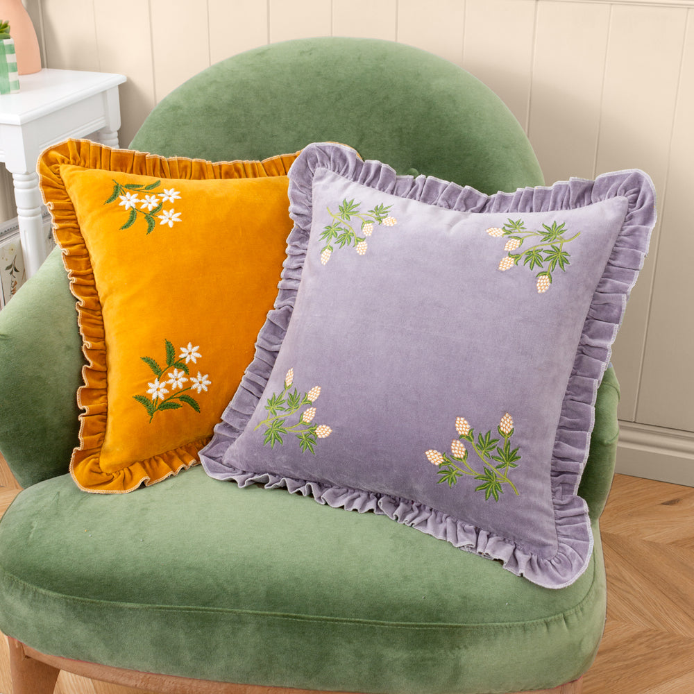 Daisy Frill Embroidered Velvet Cushion Gold