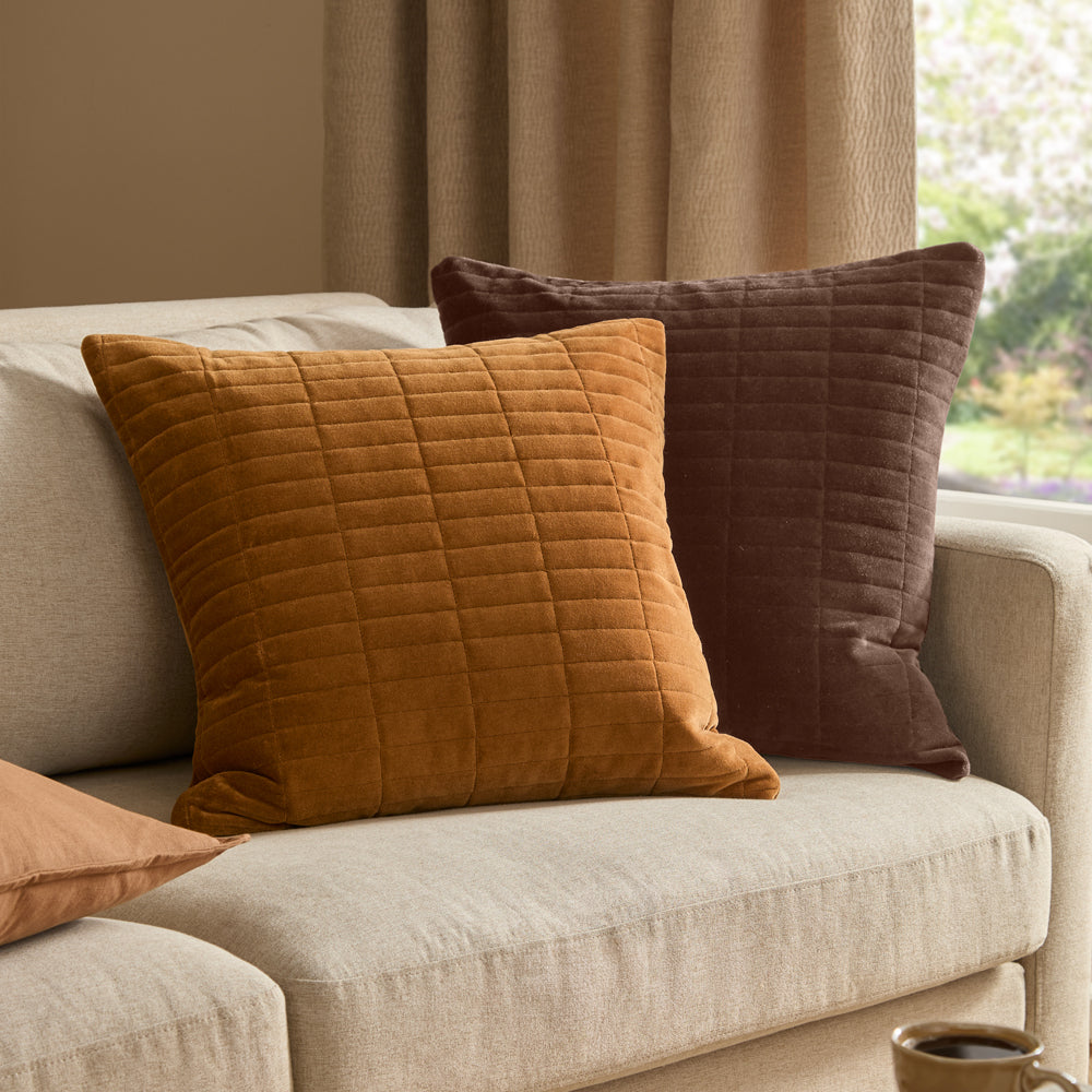 Dales Quilted Cotton Velvet Cushion Brown