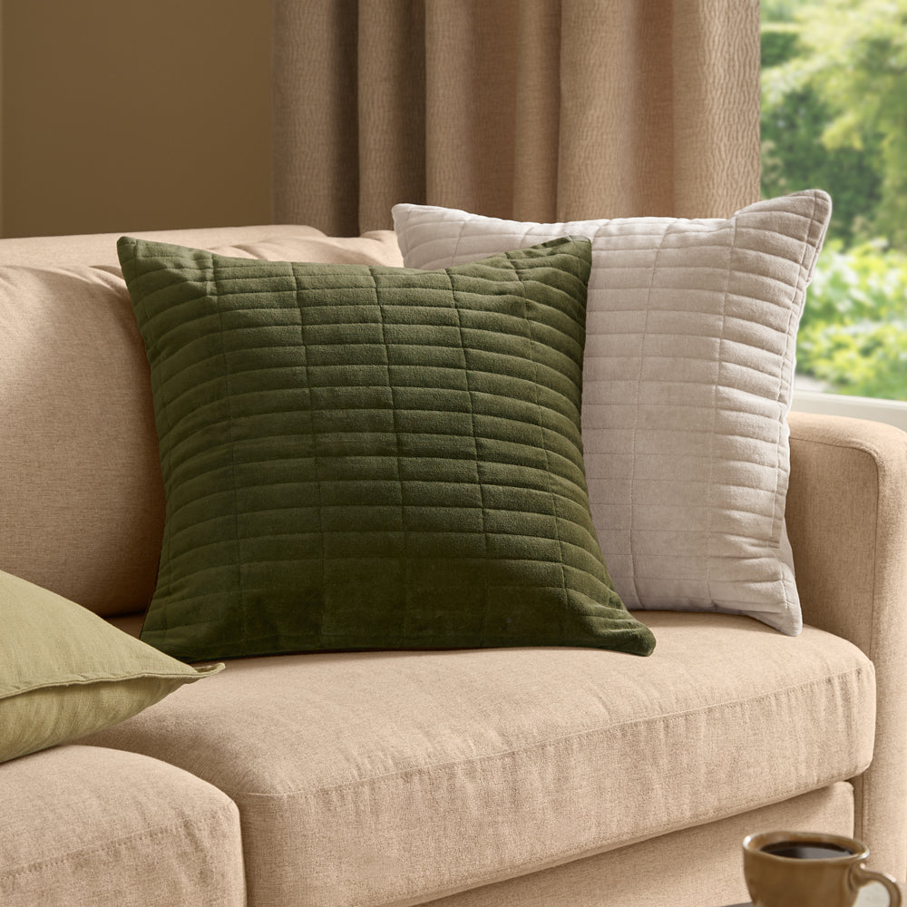 Dales Quilted Cotton Velvet Cushion Lichen
