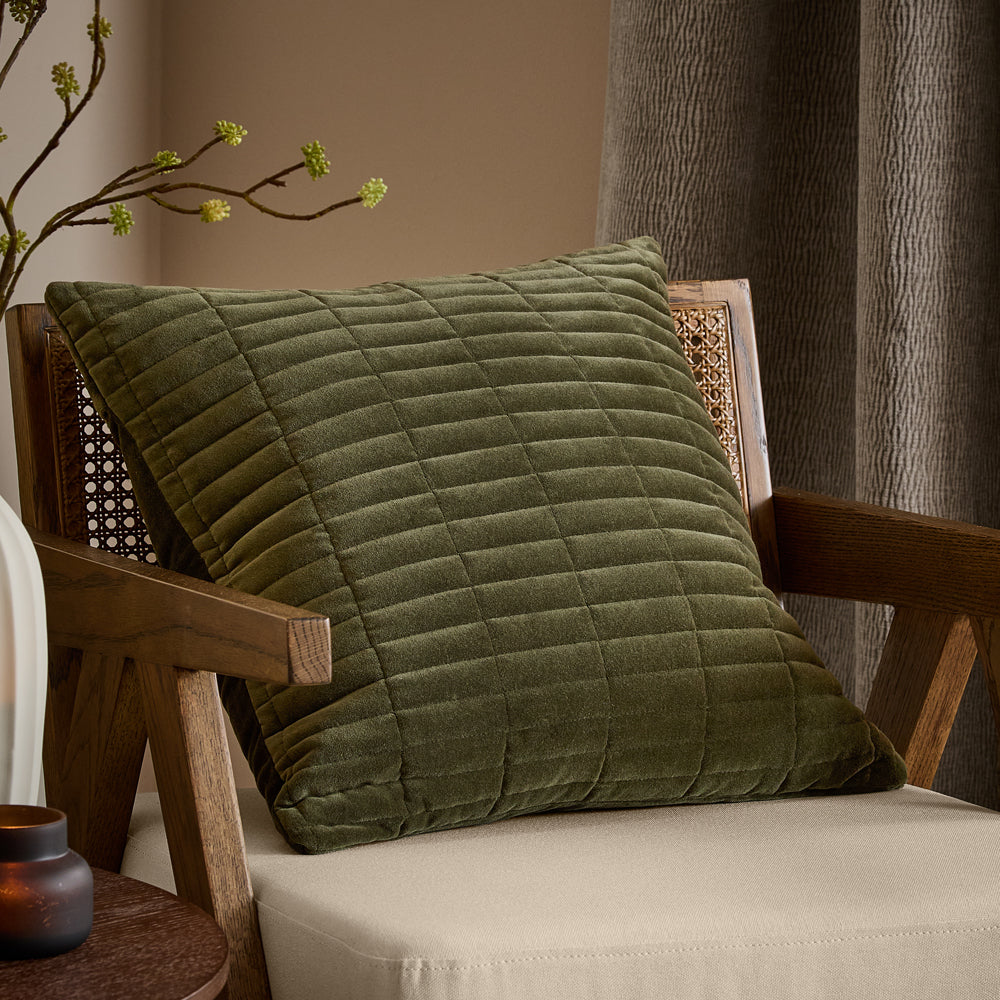 Dales Quilted Cotton Velvet Cushion Lichen