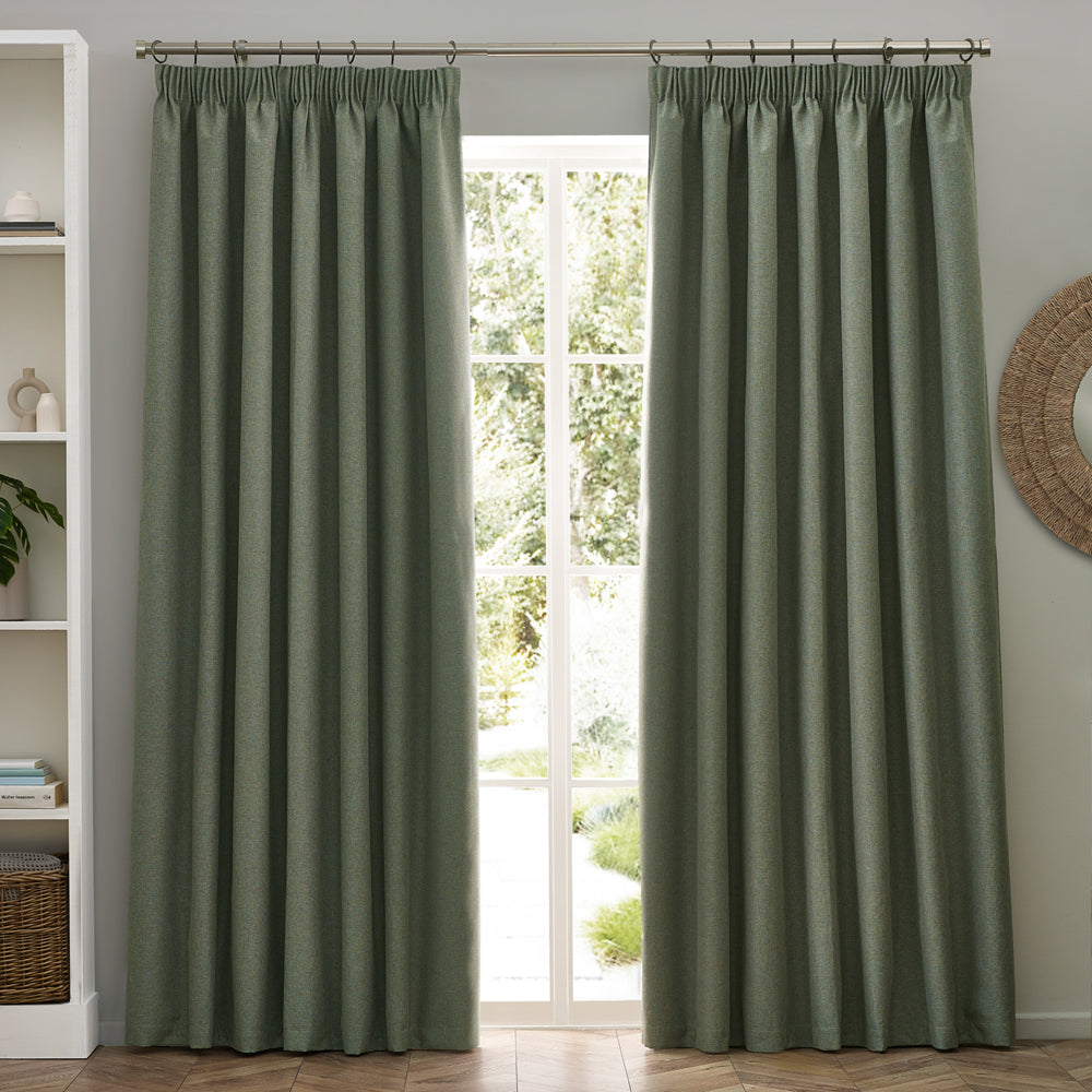 Dawn Textured Blackout Pencil Pleat Curtains Eucalyptus