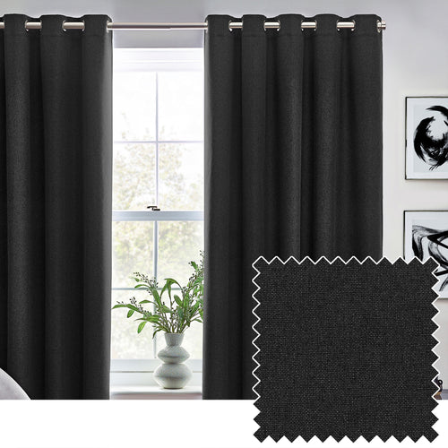 Plain Black Curtains - Dawn Textured Blackout Eyelet Curtains Black furn.