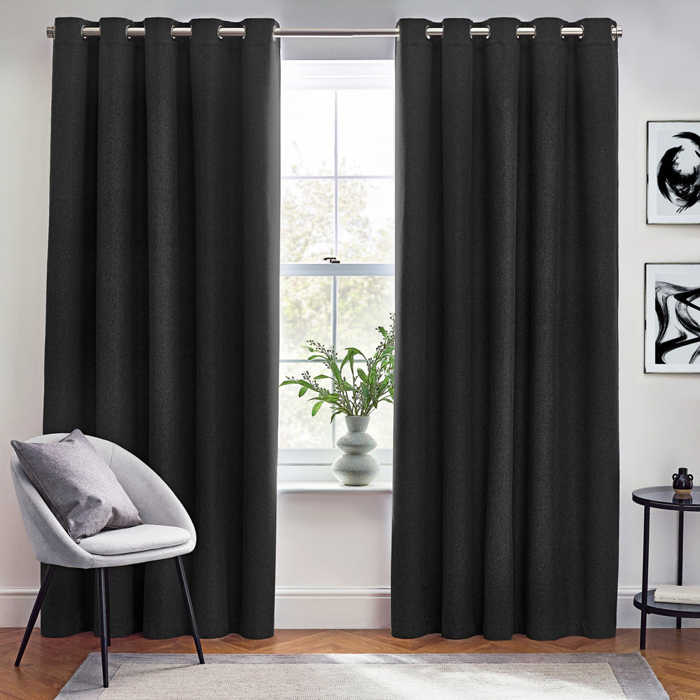 Plain Black Curtains - Dawn Textured Blackout Eyelet Curtains Black Furn
