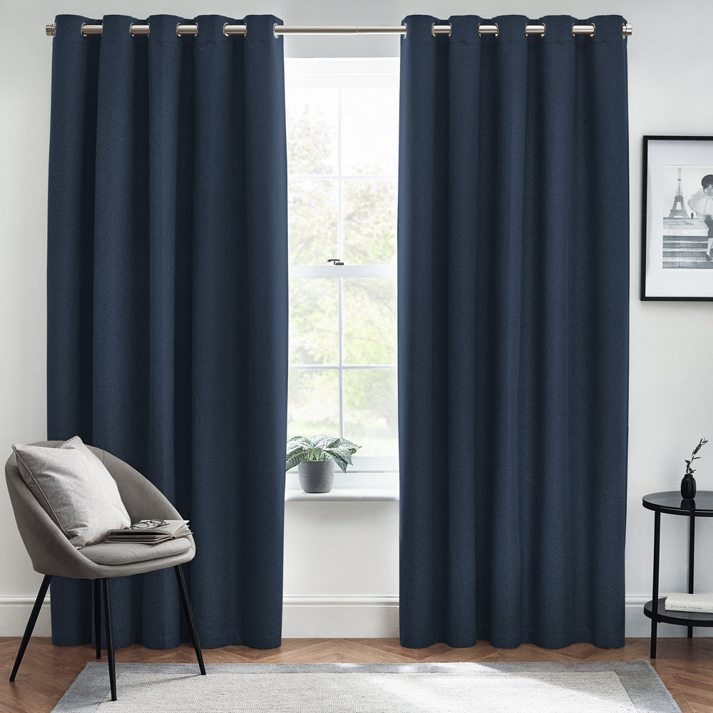 Plain Blue Curtains - Dawn Textured Blackout Eyelet Curtains Midnight Furn