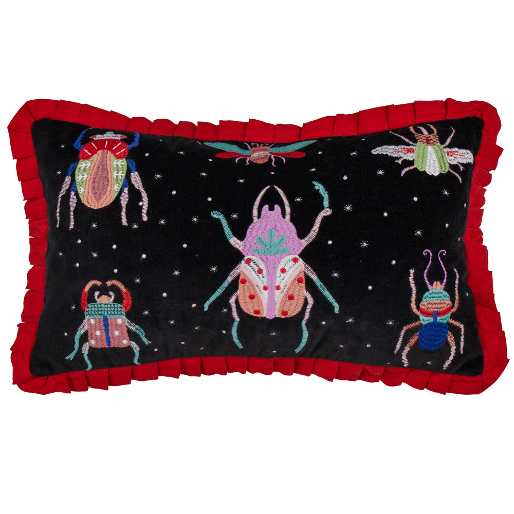 Darkling Beetles Embroidered Velvet Cushion Crimson/Black
