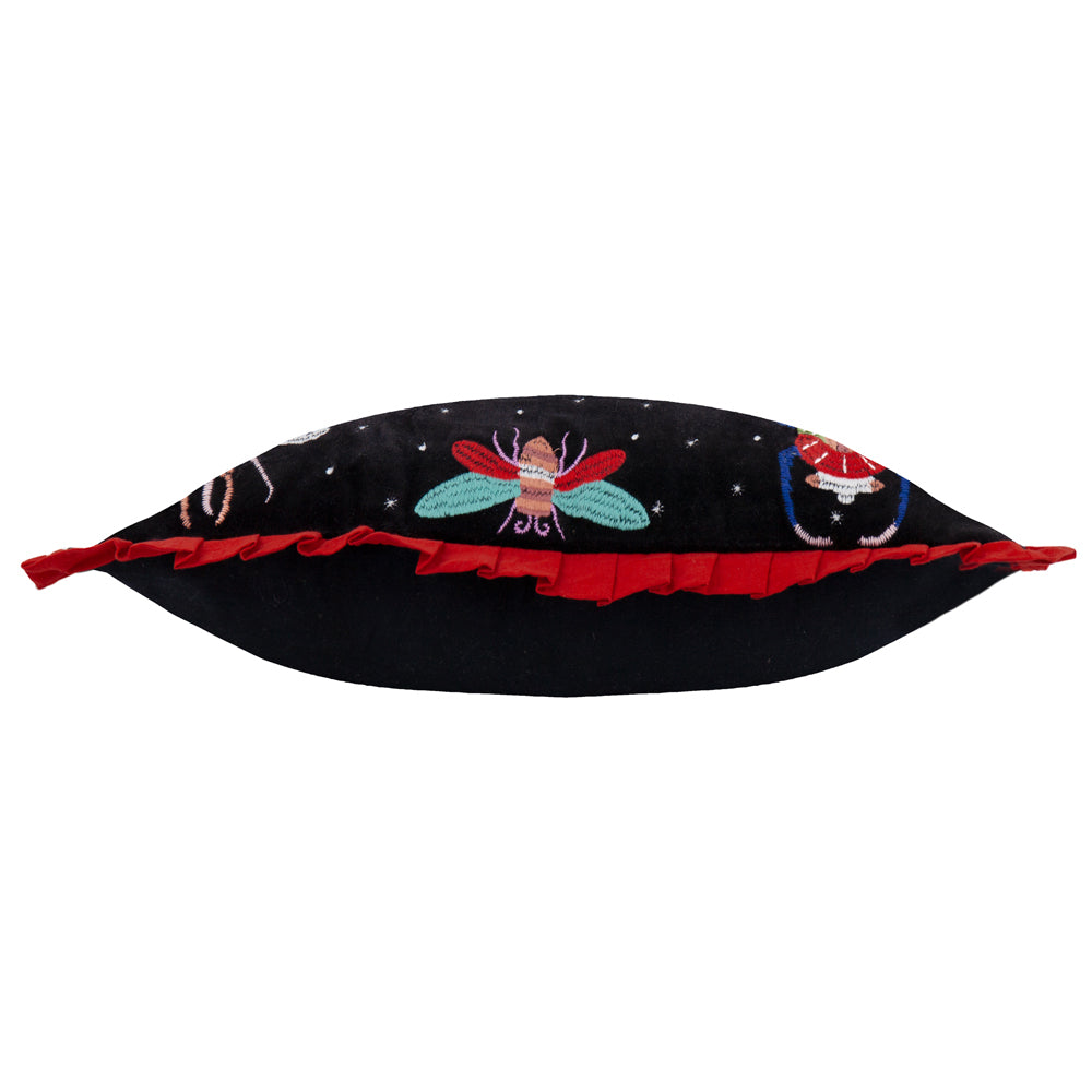 Darkling Beetles Embroidered Velvet Cushion Crimson/Black