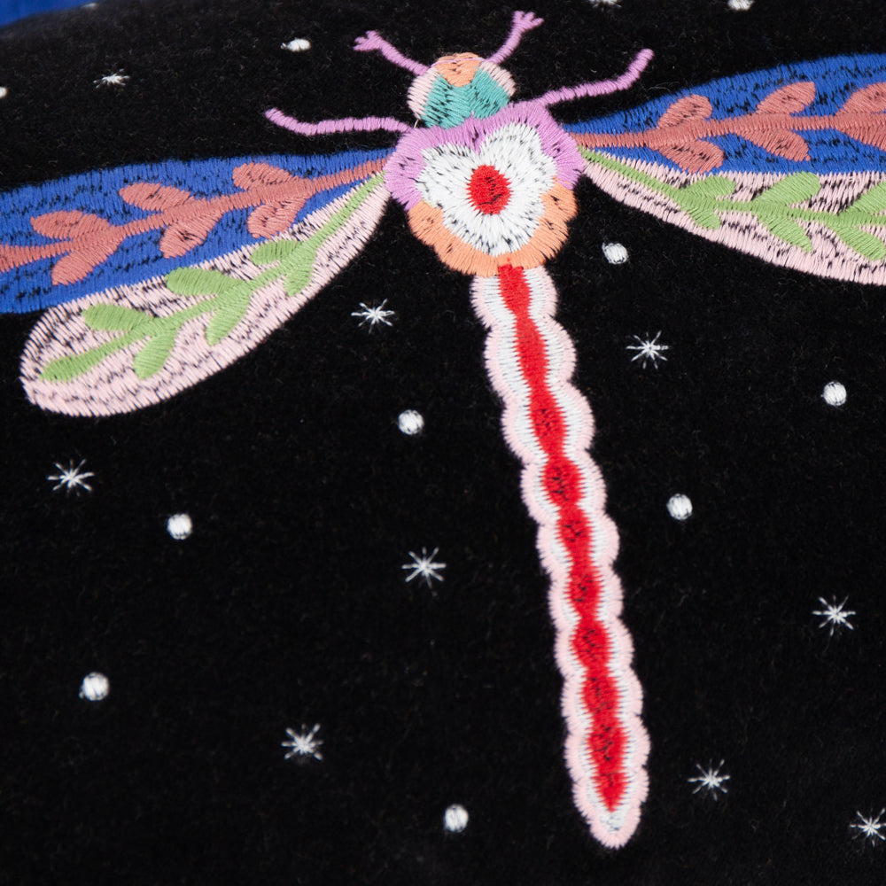 Darkling Beetles Embroidered Velvet Cushion Cobalt/Black