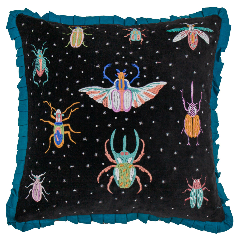 Darkling Beetles Embroidered Velvet Cushion Teal/Black