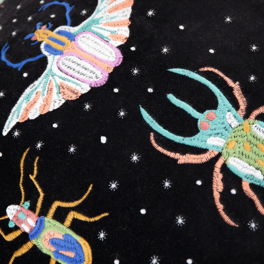 Darkling Beetles Embroidered Velvet Cushion Teal/Black