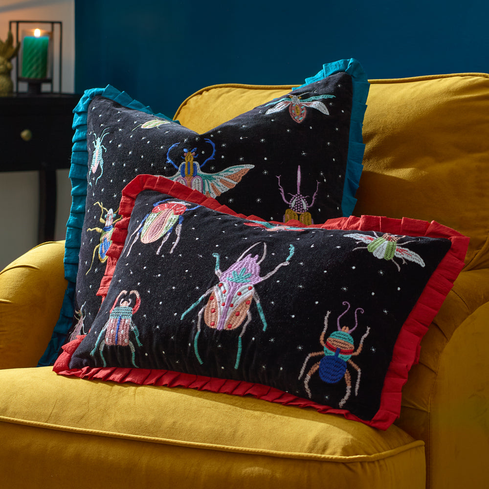 Darkling Beetles Embroidered Velvet Cushion Teal/Black