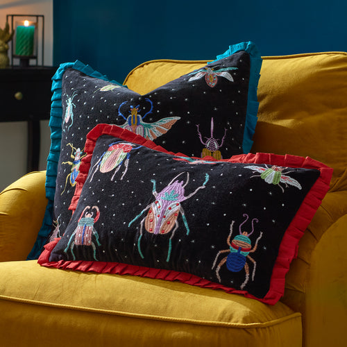 Animal Black Cushions - Darkling Beetles Embroidered Velvet Cushion Cover Teal/Black Wylder