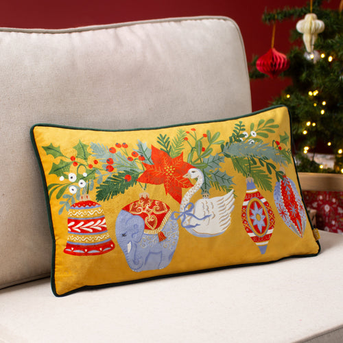 furn. Deck The Halls Baubles Rectangular Cushion Cover in Pine Green