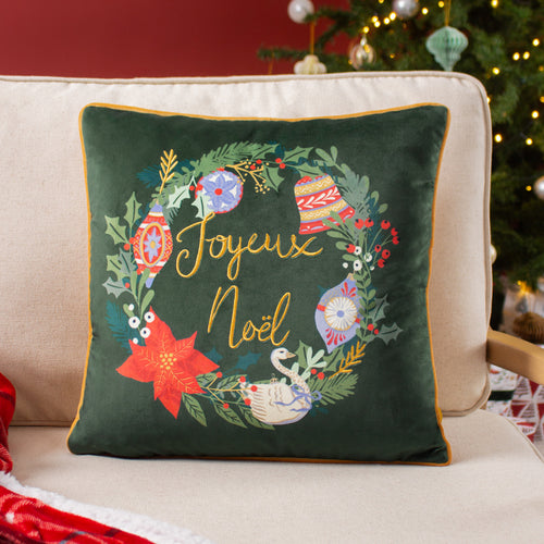 furn. Deck The Halls Baubles Cushion Cover in Pine Green