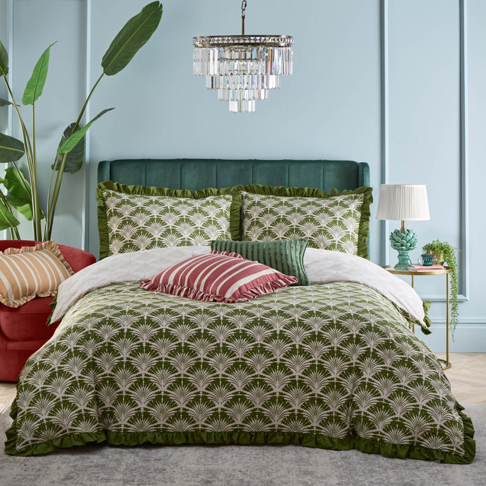 Deco Palm Printed Ruffle Duvet Cover Set Moss