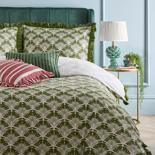 Geometric Green Bedding - Deco Palm Printed Ruffle Duvet Cover Set Moss furn.