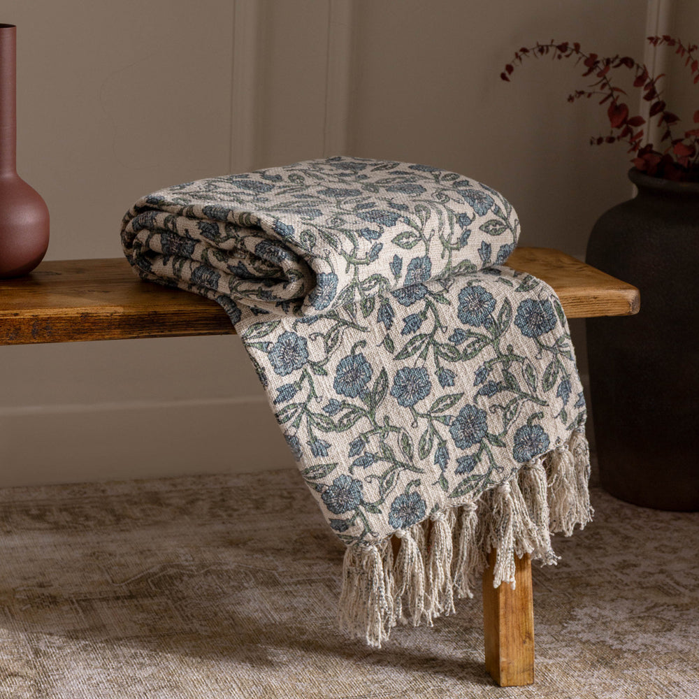 Floral Blue Throws - Delphine Printed Cotton Throw Delph Blue Paoletti