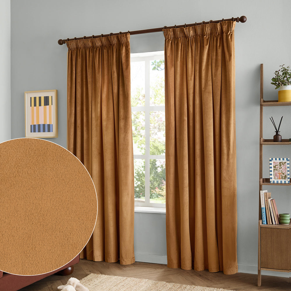 Plain Gold Curtains - The Ultimate Velvet Blackout Pencil Pleat Curtains Caramel Furn