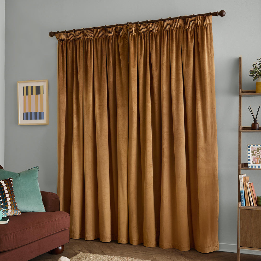 The Ultimate Velvet Blackout Pencil Pleat Curtains Caramel
