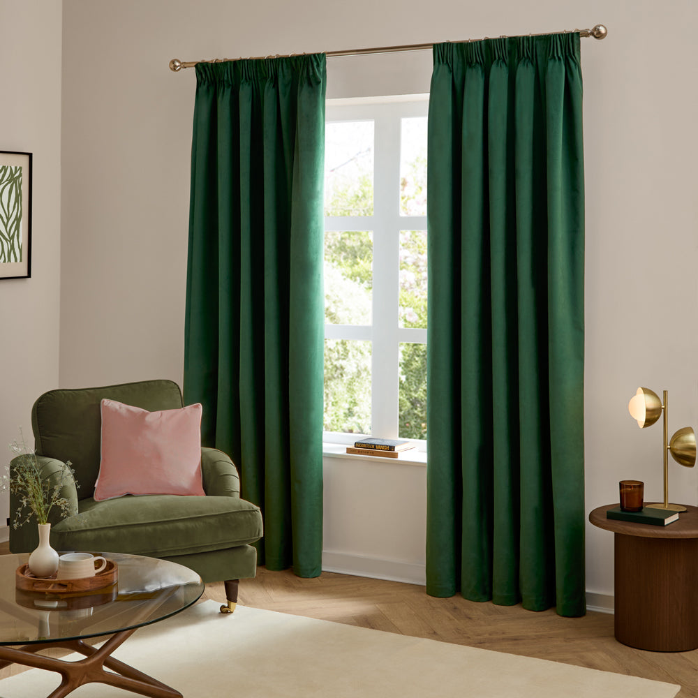 Plain Green Curtains - The Ultimate Velvet Blackout Pencil Pleat Curtains Emerald Furn