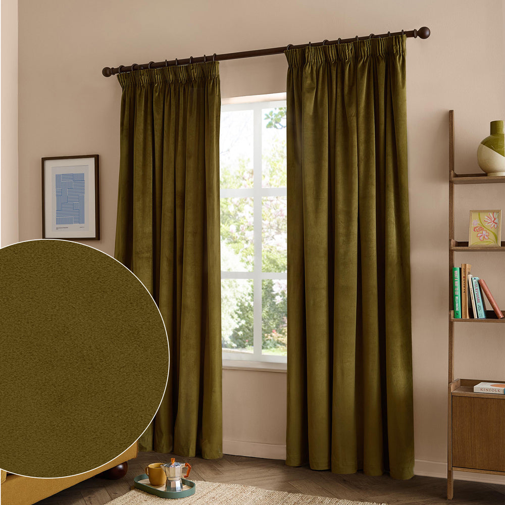 Plain Green Curtains - The Ultimate Velvet Blackout Pencil Pleat Curtains Olive Furn
