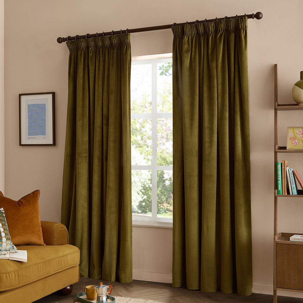 The Ultimate Velvet Blackout Pencil Pleat Curtains Olive