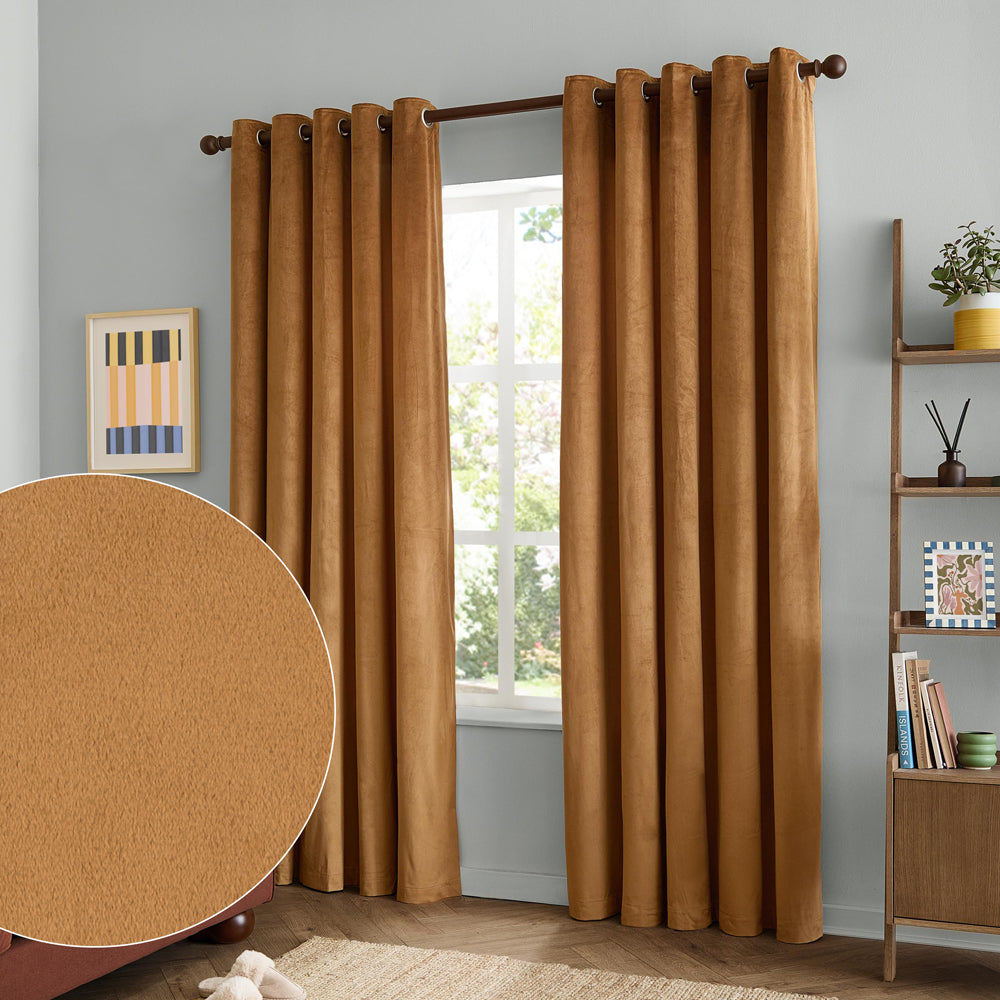 Plain Gold Curtains - The Ultimate Velvet Blackout Eyelet Curtains Caramel Furn