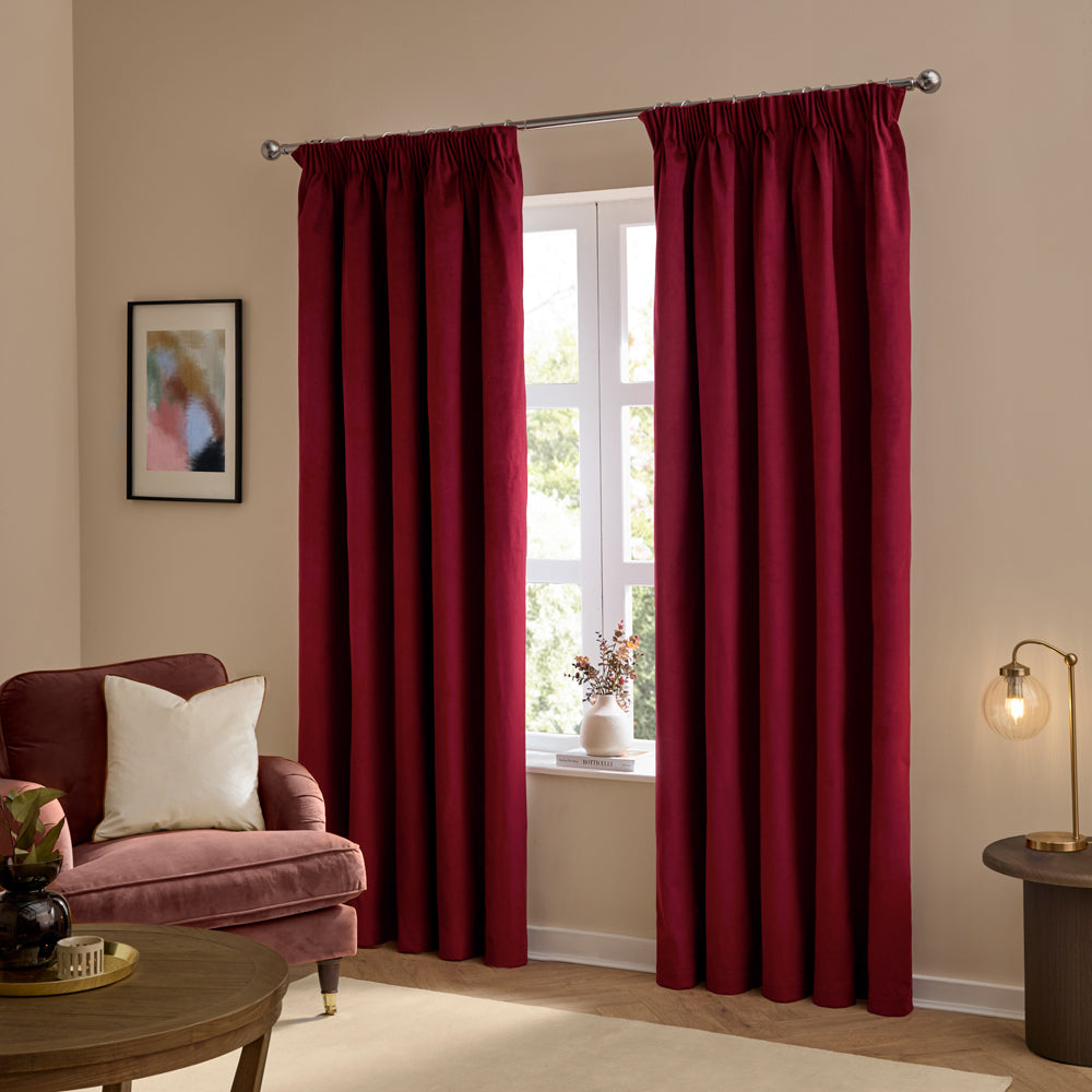 Plain Red Curtains - The Ultimate Velvet Fully Lined Pencil Pleat Curtains Burgundy Furn