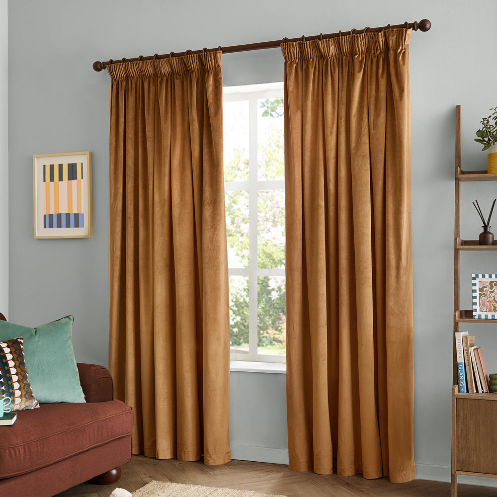 The Ultimate Velvet Fully Lined Pencil Pleat Curtains Caramel