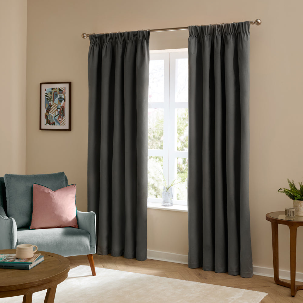 Plain Black Curtains - The Ultimate Velvet Fully Lined Pencil Pleat Curtains Charcoal Furn
