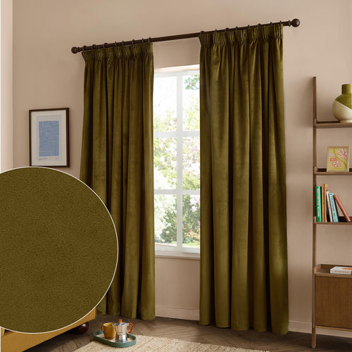 The Ultimate Velvet Fully Lined Pencil Pleat Curtains Olive