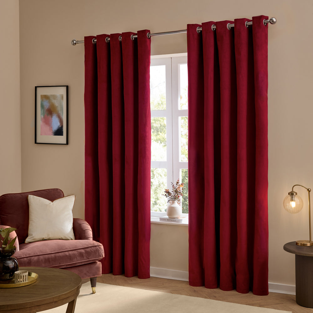 Plain Red Curtains - The Ultimate Velvet Fully Lined Eyelet Curtains Burgundy Furn