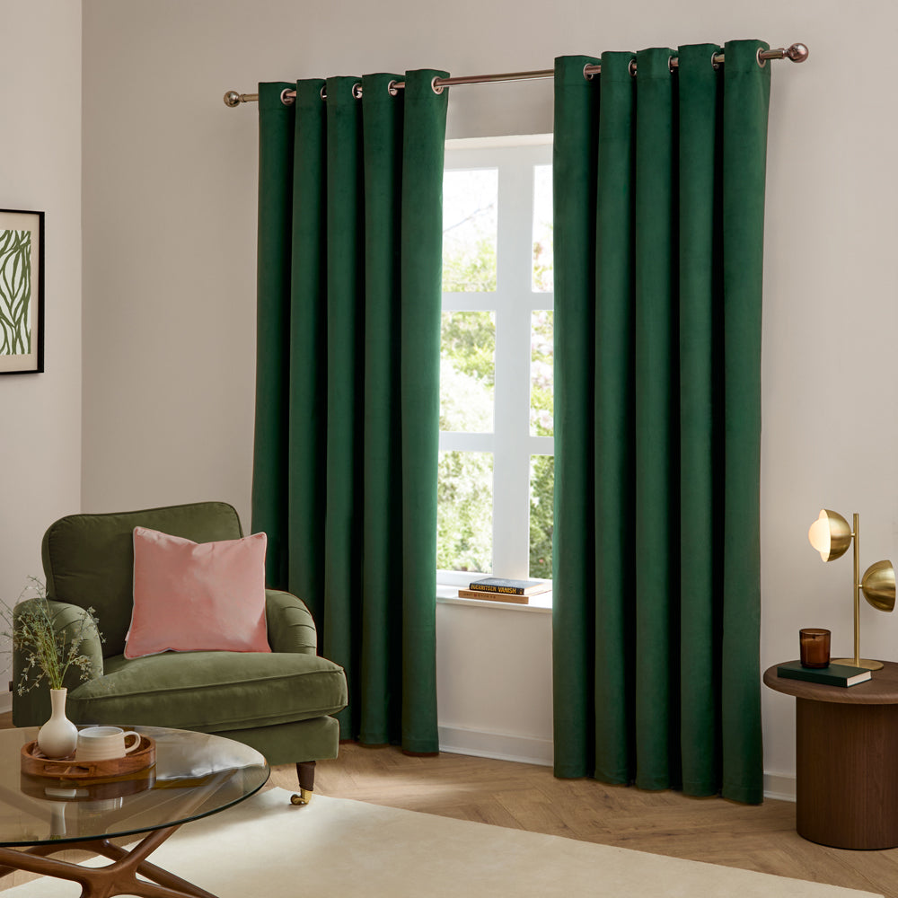 Plain Green Curtains - The Ultimate Velvet Fully Lined Eyelet Curtains Emerald Furn