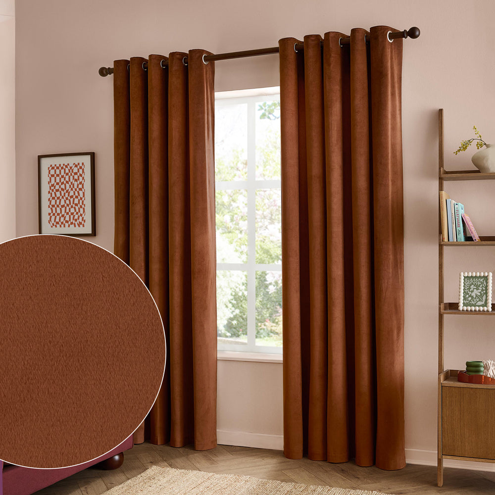Plain Red Curtains - The Ultimate Velvet Fully Lined Eyelet Curtains Chestnut Furn