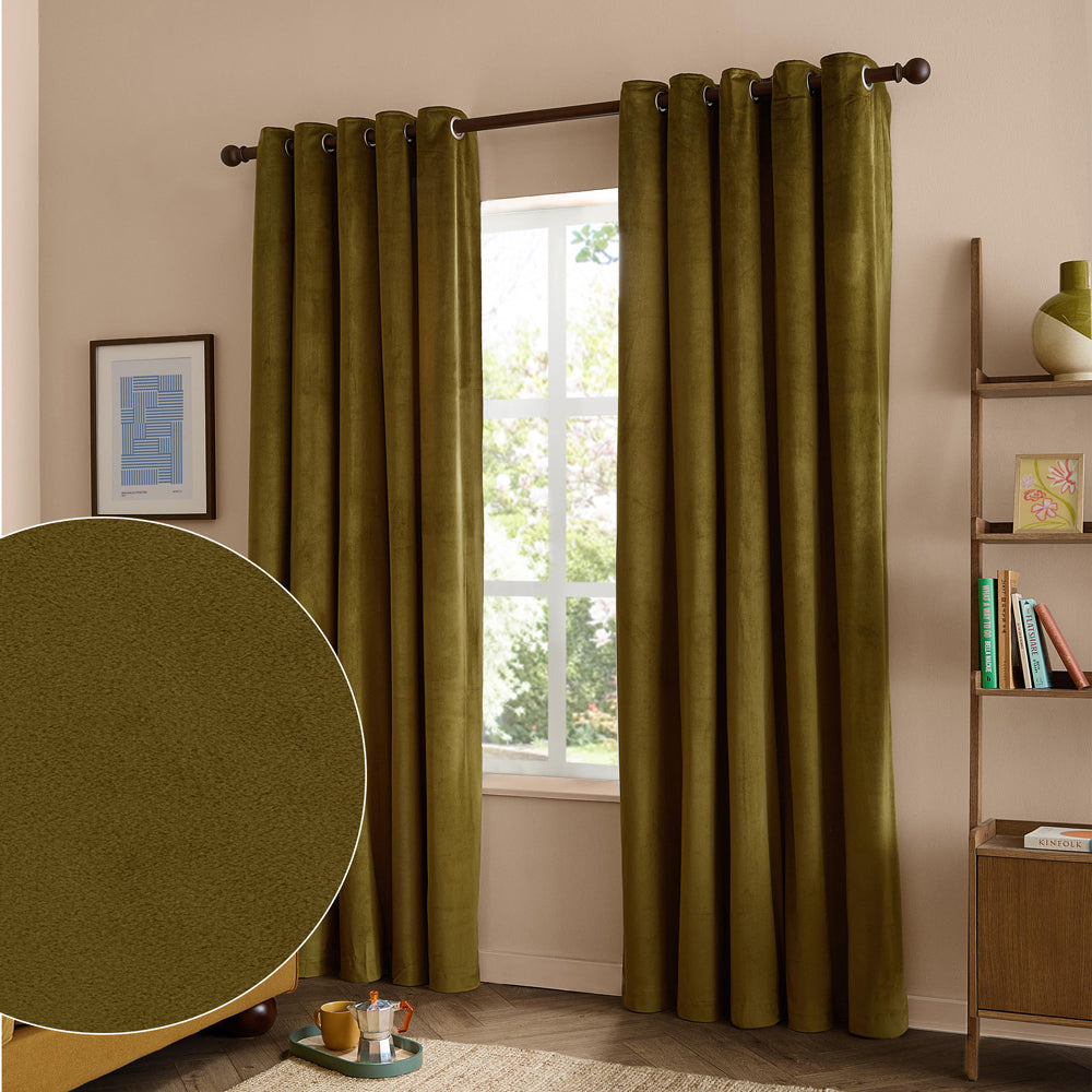 Plain Green Curtains - The Ultimate Velvet Fully Lined Eyelet Curtains Olive Furn