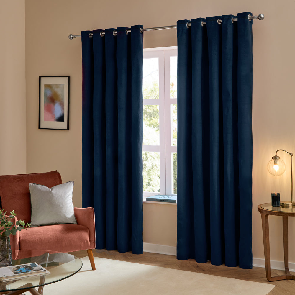 Plain Blue Curtains - The Ultimate Velvet Fully Lined Eyelet Curtains Royal Furn