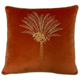 furn. Desert Palm Embroidered Velvet Cushion Cover in Coral