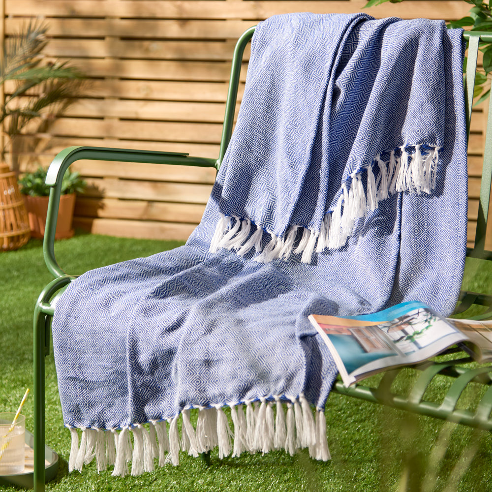 Geometric Blue Throws - Dessa Woven Indoor/Outdoor Throw Cobalt Furn