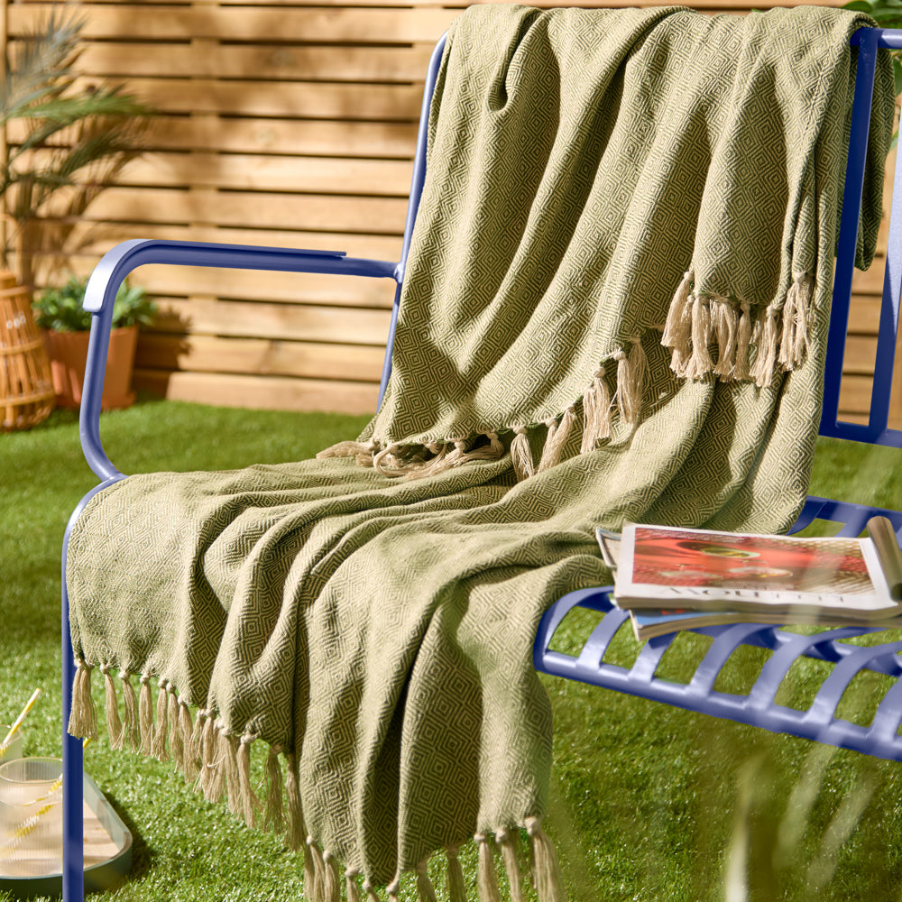 Geometric Green Throws - Dessa Woven Indoor/Outdoor Throw Olive Furn