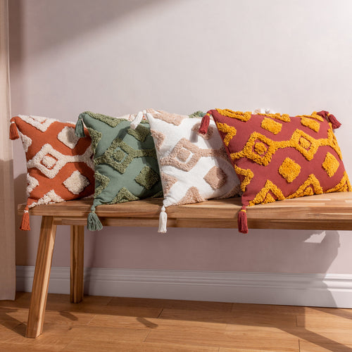 Geometric Red Cushions - Dharma Tufted Tasselled Cushion Cover Brick furn.